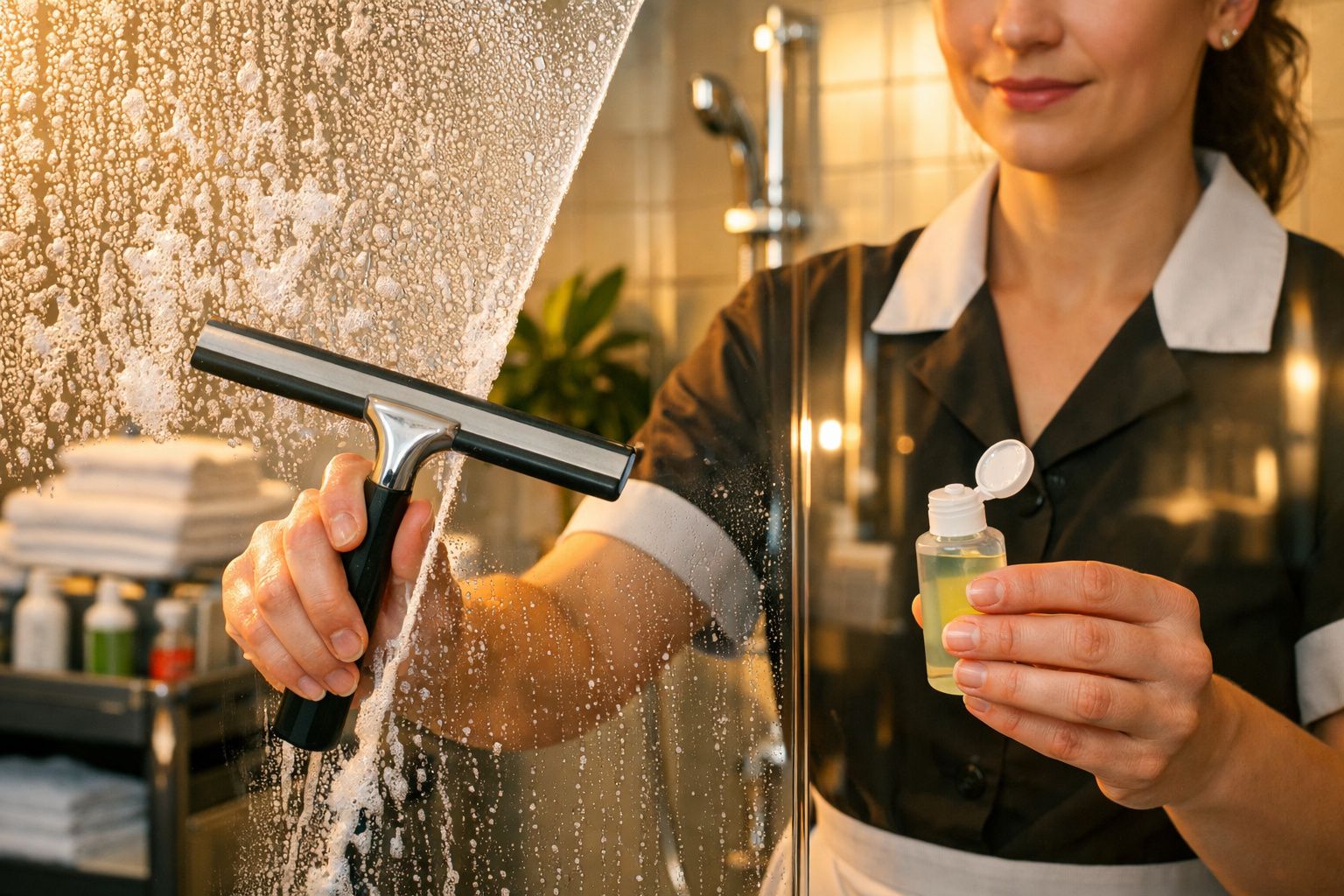 Pessoa limpando vidro de box do banheiro com rodo e líquido de limpeza.