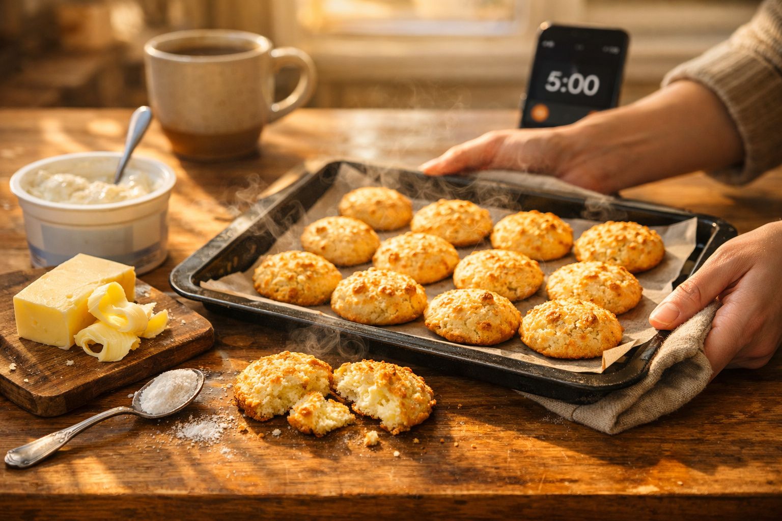 Assadeira com biscoitos quentes, manteiga, sal e creme em mesa de madeira com timer marcando 5 minutos.