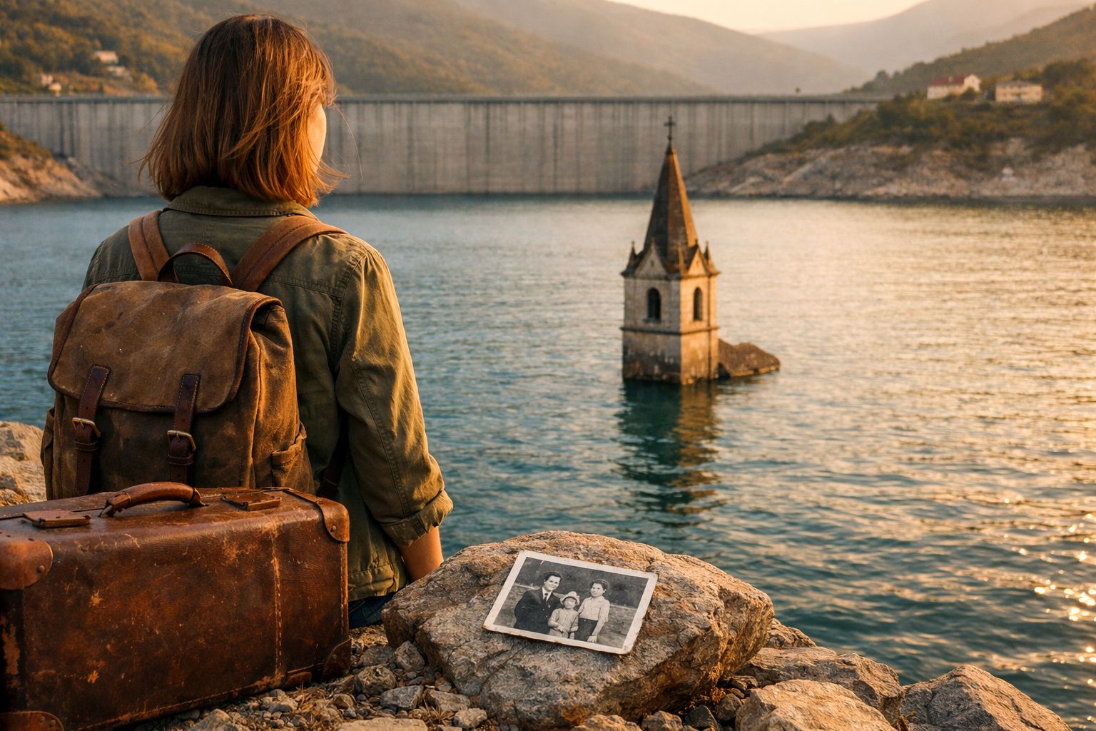 Pessoa com mochila e mala observa campanário submerso em lago, com foto antiga sobre pedra à frente.