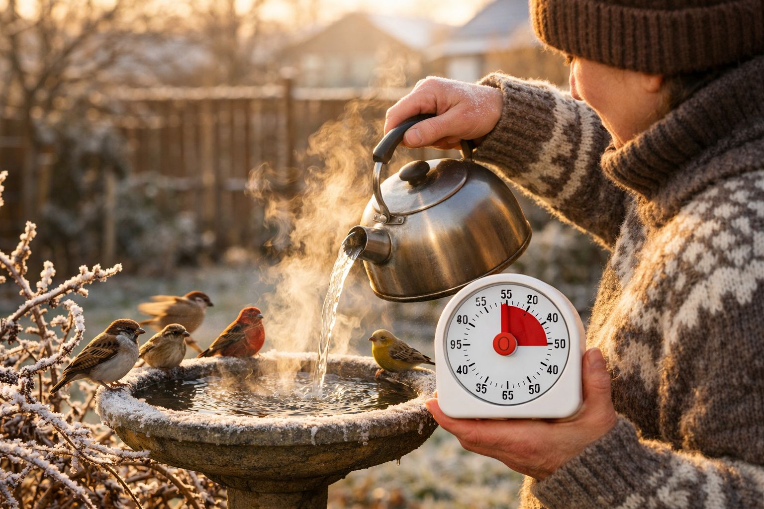 Pessoa com suéter e gorro despejando água quente em bebedouro para pássaros em ambiente gelado.