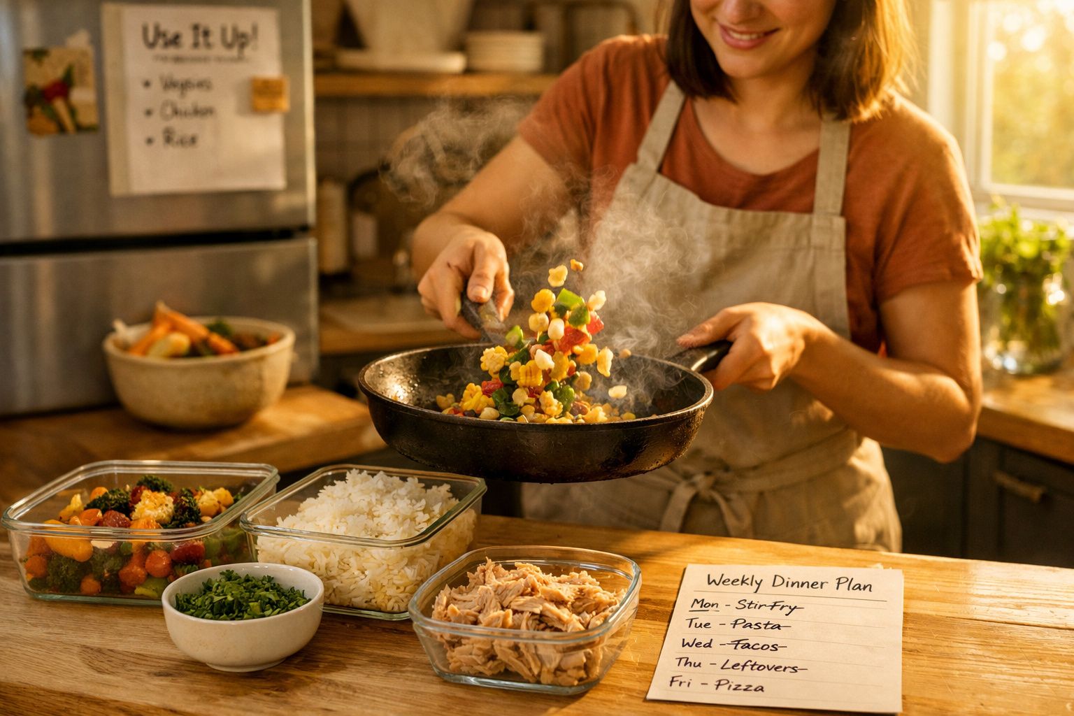 Pessoa preparando stir-fry com legumes em frigideira, rodeada por recipientes com ingredientes na cozinha.