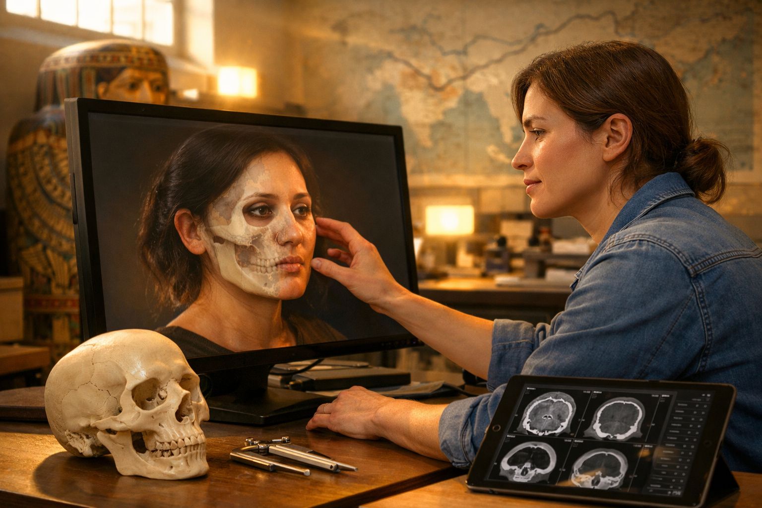Mulher analisa imagem de crânio projetada na tela, com crânio real e radiografias no ambiente.