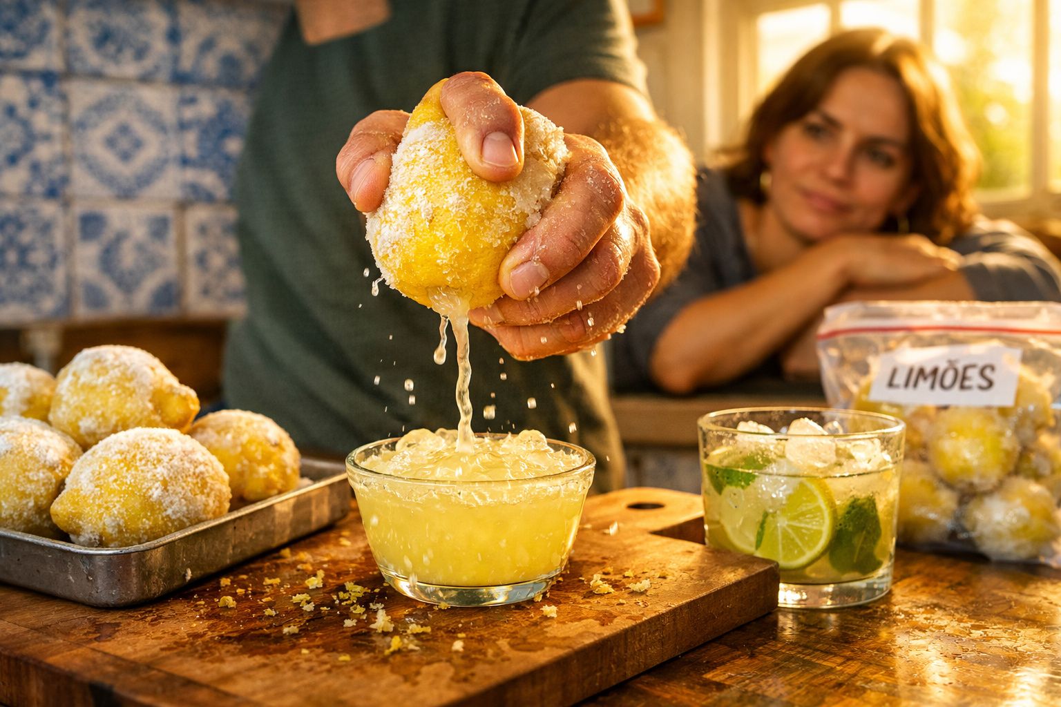 Pessoa espremendo limão coberto de açúcar em recipiente com suco e mulher observando ao fundo.