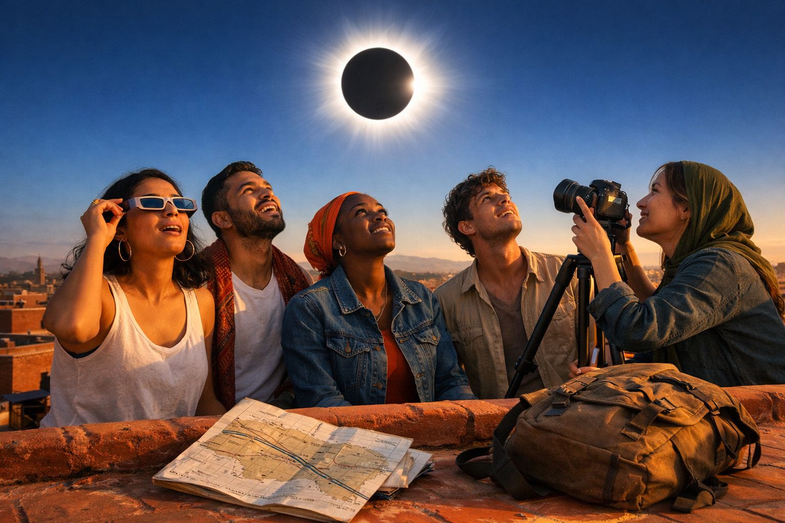 Cinco pessoas observando eclipse solar com câmera, mapa e mochila em espaço ao ar livre ao pôr do sol.