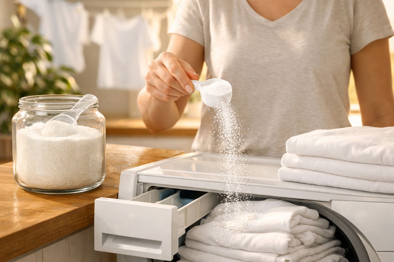 Pessoa colocando pó de detergente em máquina de lavar roupa branca, com toalhas brancas ao lado.