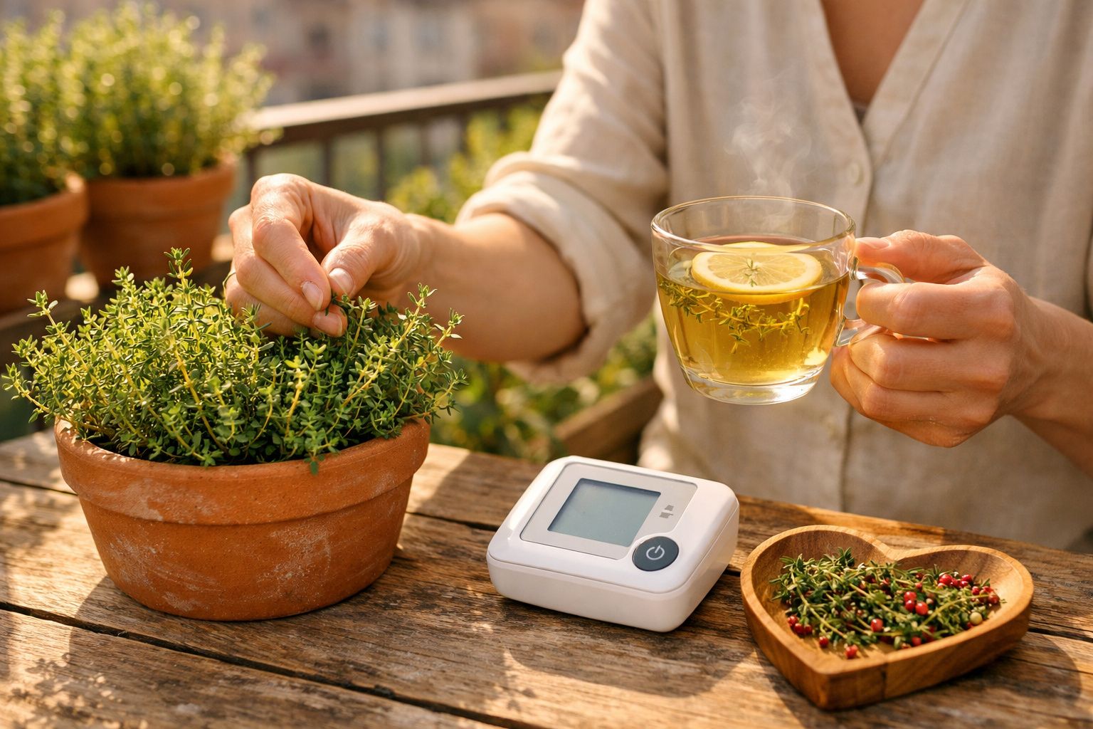 Pessoa colhendo ervas em vaso, segurando xícara de chá com limão e monitor de pressão na mesa de madeira.
