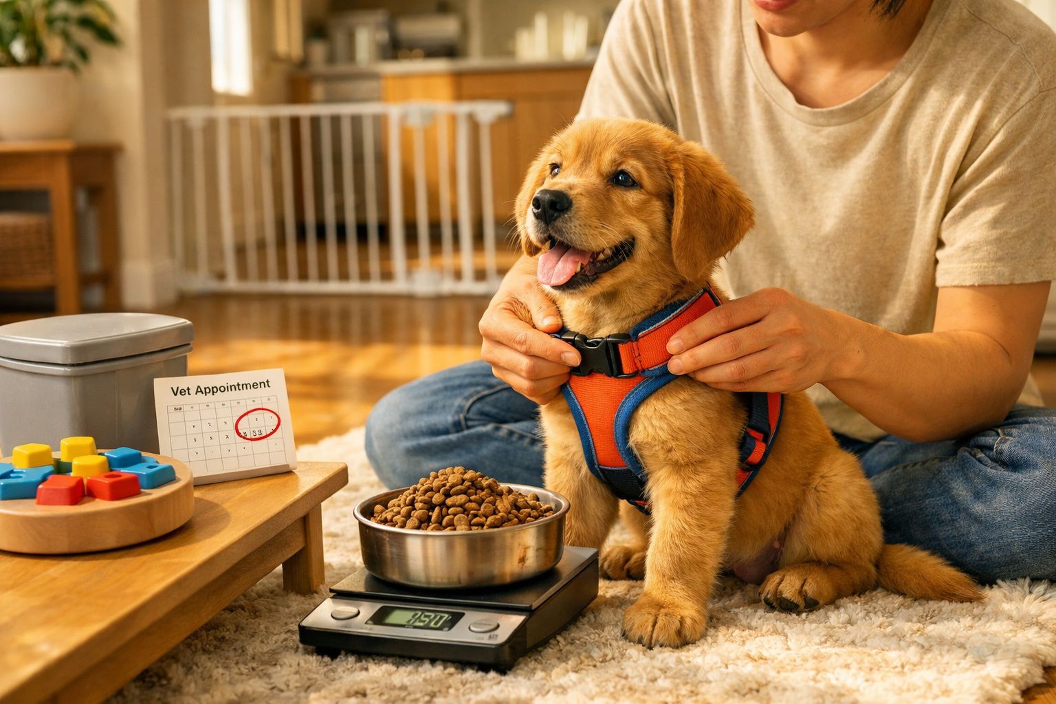 Filhote de golden retriever com coleira vermelha sendo preparado para passeio dentro de casa.