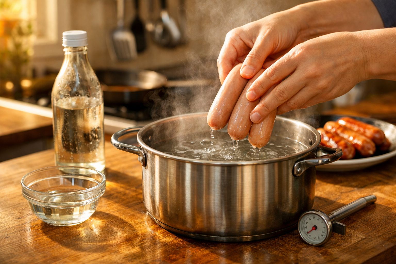 Mãos colocando salsichas em panela com água fervente em cozinha iluminada pelo sol.