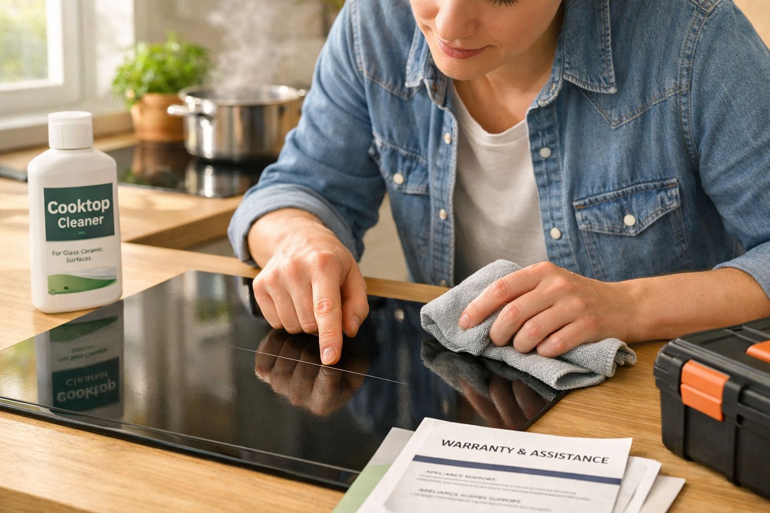 Pessoa aponta para risco em cooktop com pano de limpeza e produto ao lado sobre bancada de madeira.
