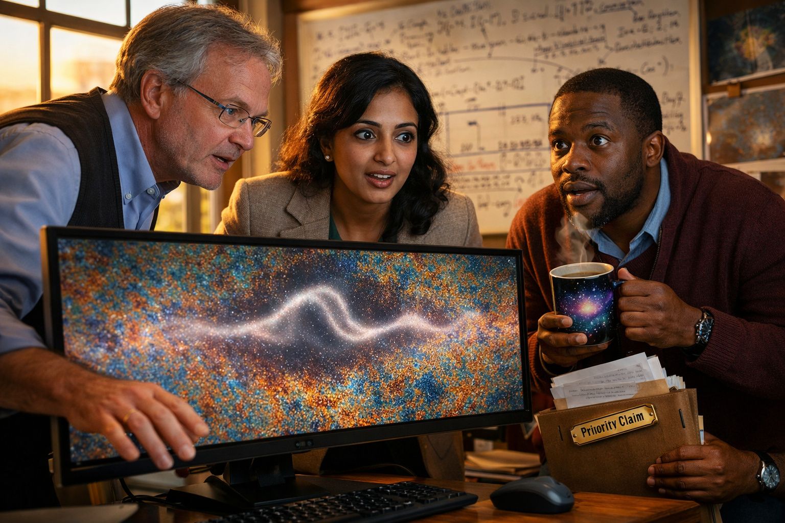 Três cientistas observam entusiasmados uma tela com uma imagem cósmica em um escritório com quadros de fórmulas.