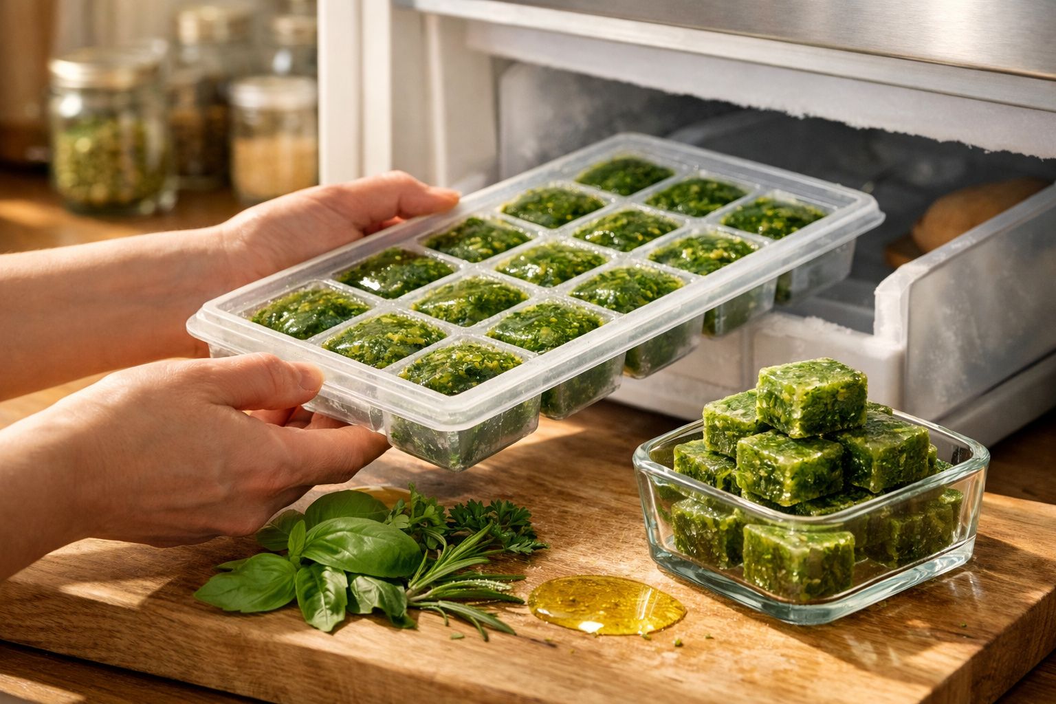 Pessoa retirando cubos de ervas congeladas em forma de gelo do freezer para recipiente de vidro, com ervas frescas ao lado.