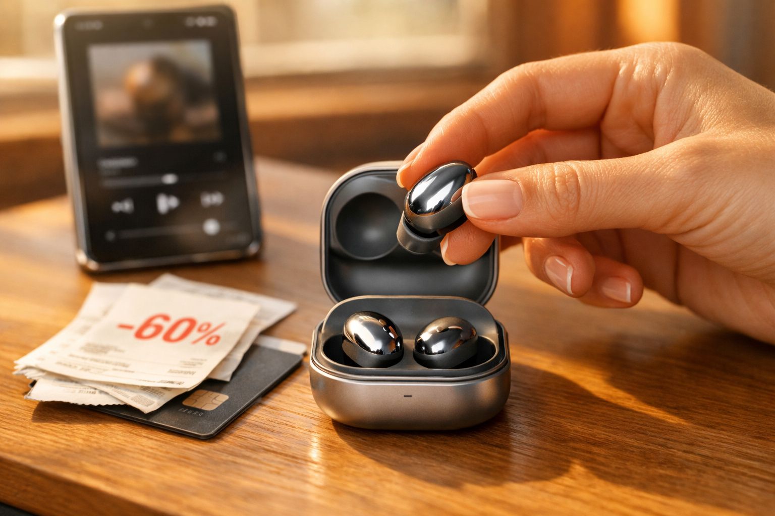 Mão segurando fone de ouvido wireless prateado retirando da caixa sobre mesa de madeira, com celular e cupom de desconto ao f