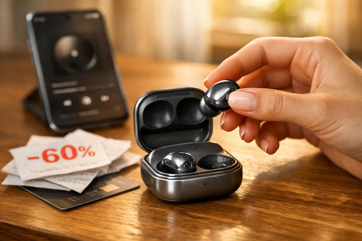 Mão segurando fone de ouvido sem fio próximo ao estojo aberto, com cartão de crédito e cupons de desconto ao fundo.