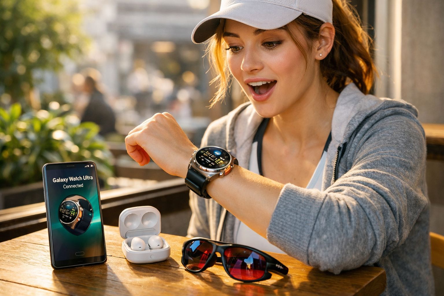 Mulher sorrindo olhando para relógio inteligente Galaxy Watch Ultra em mesa com fones e smartphone.