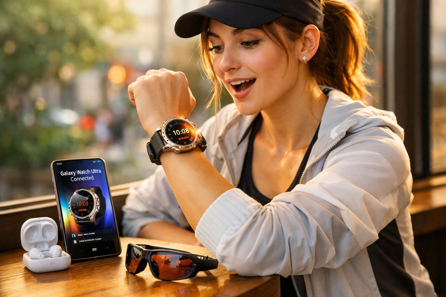 Mulher olhando animada para relógio inteligente Galaxy Watch Ultra no pulso, com fones e celular ao lado.