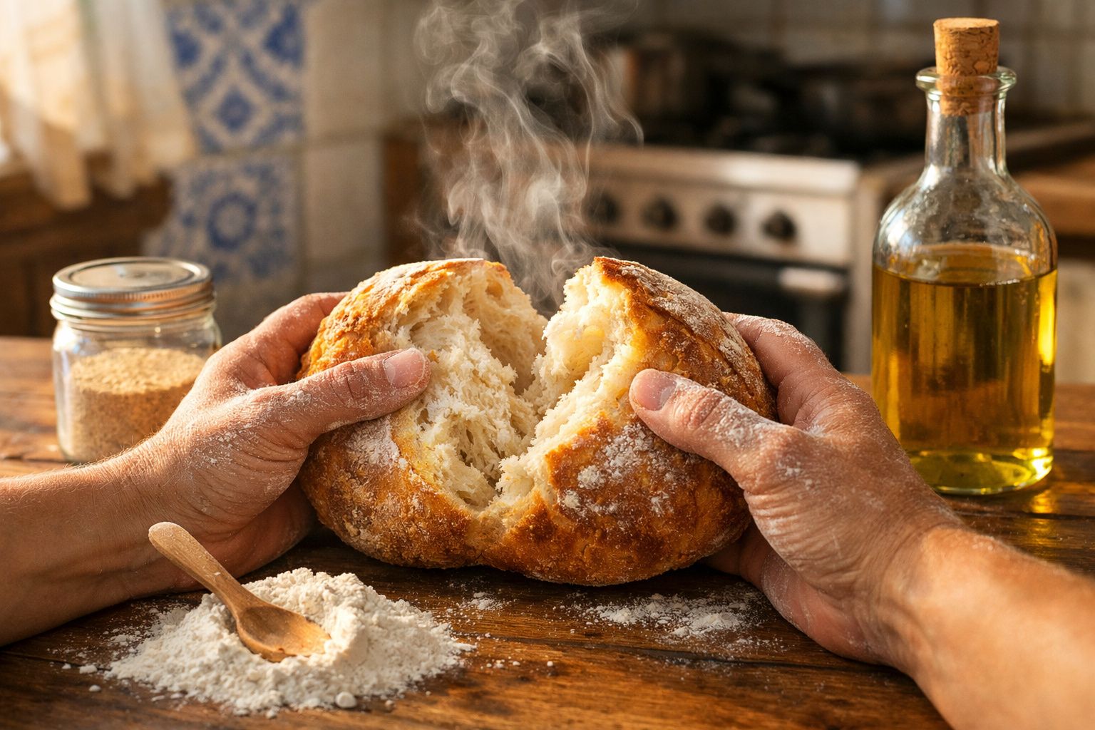 Pão caseiro quente sendo quebrado ao meio por mãos sobre mesa com farinha e azeite ao fundo.