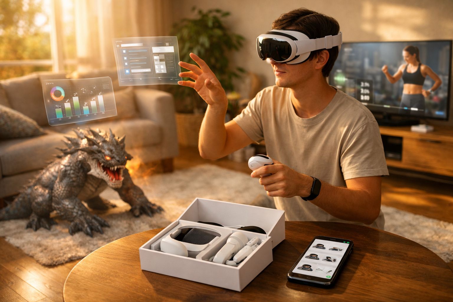 Homem usando óculos e controle de realidade virtual com monstro digital na sala de estar.