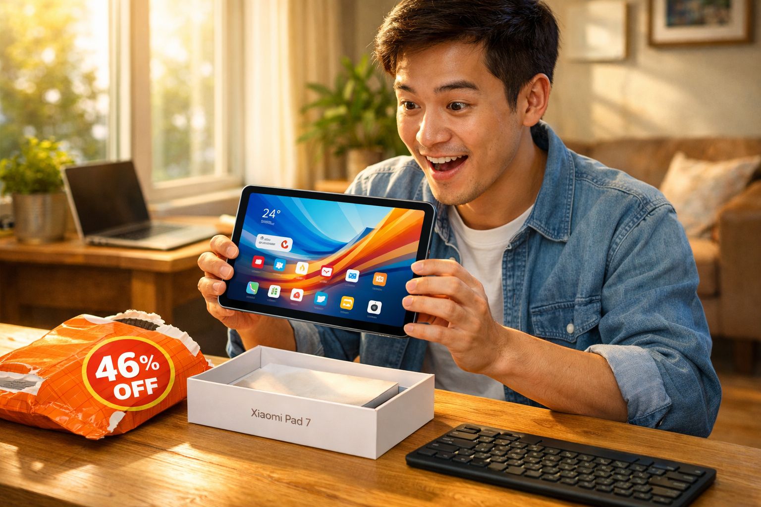 Jovem sorrindo mostrando um tablet Xiaomi Pad 7 recém retirado da caixa com desconto de 46%.