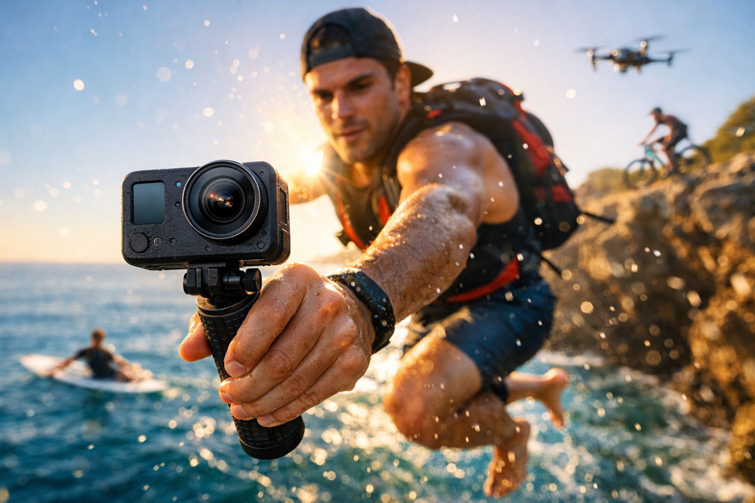 Homem segurando câmera de ação em salto na água com drone voando e pessoa em jet ski ao fundo.