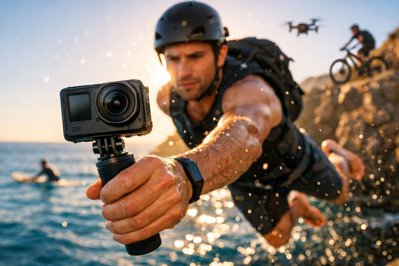 Homem com capacete segurando câmera de ação enquanto mergulha no mar com drone e ciclistas ao fundo.