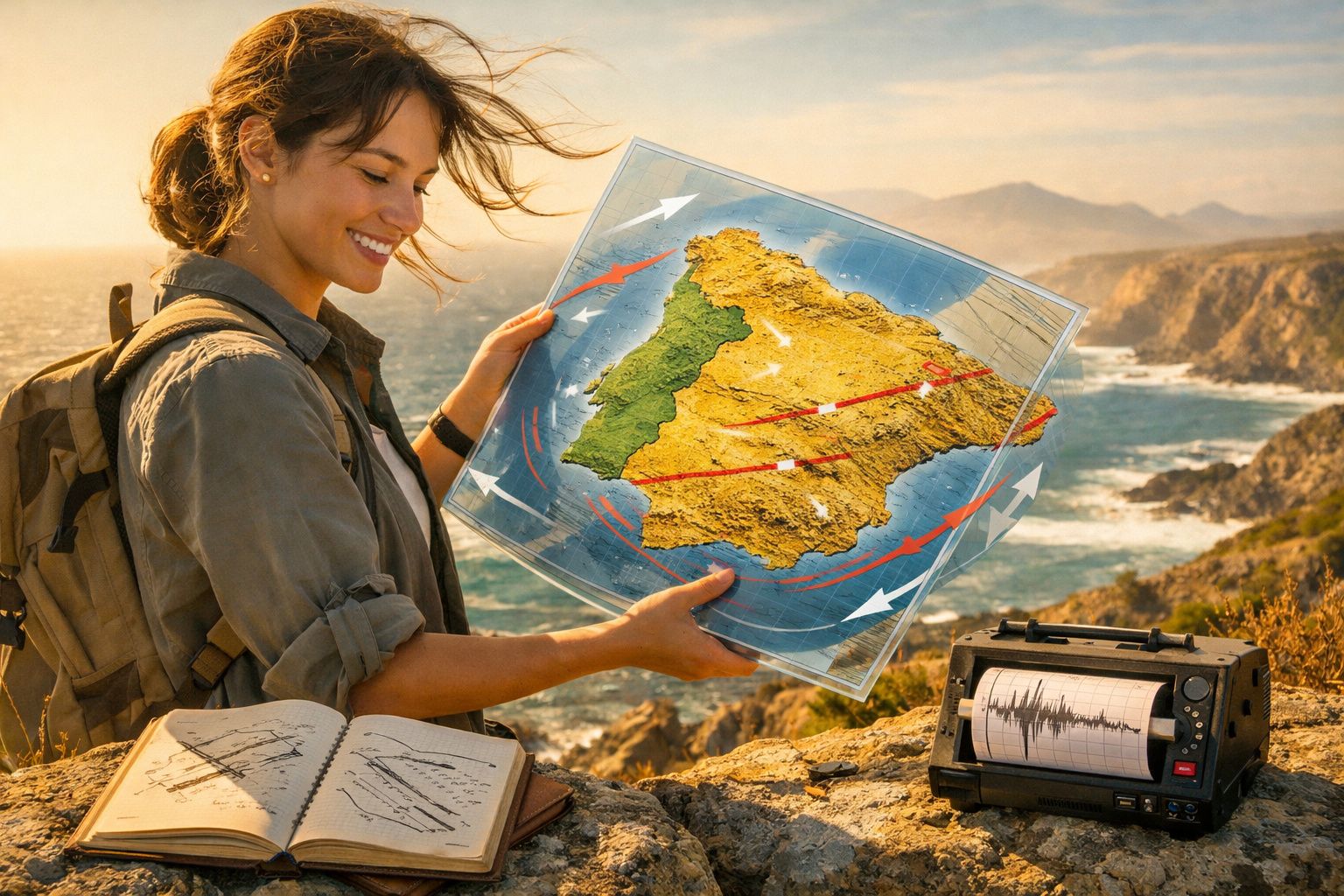 Mulher sorridente segurando mapa da Península Ibérica na costa rochosa ao pôr do sol.