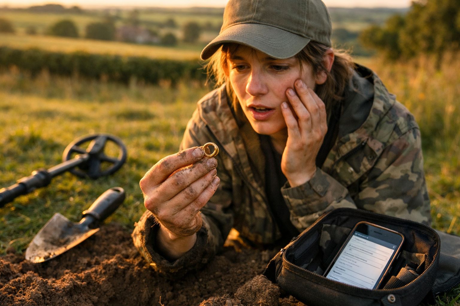 Mulher com roupa camuflada segurando anel sujo após escavar em campo aberto ao entardecer.