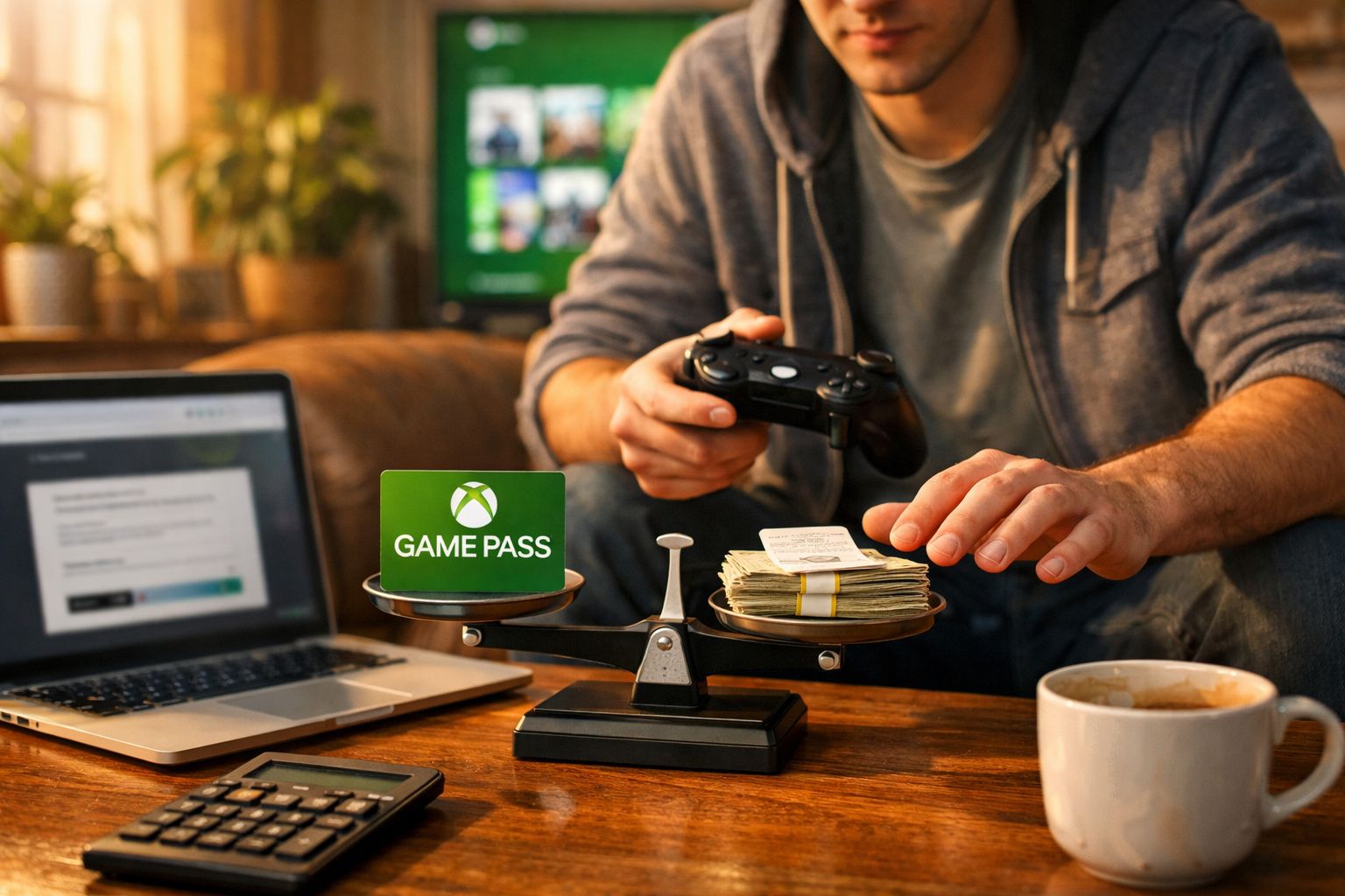 Pessoa segurando controle de videogame, balanceando cartão Xbox Game Pass e dinheiro em balança sobre mesa com laptop e café.