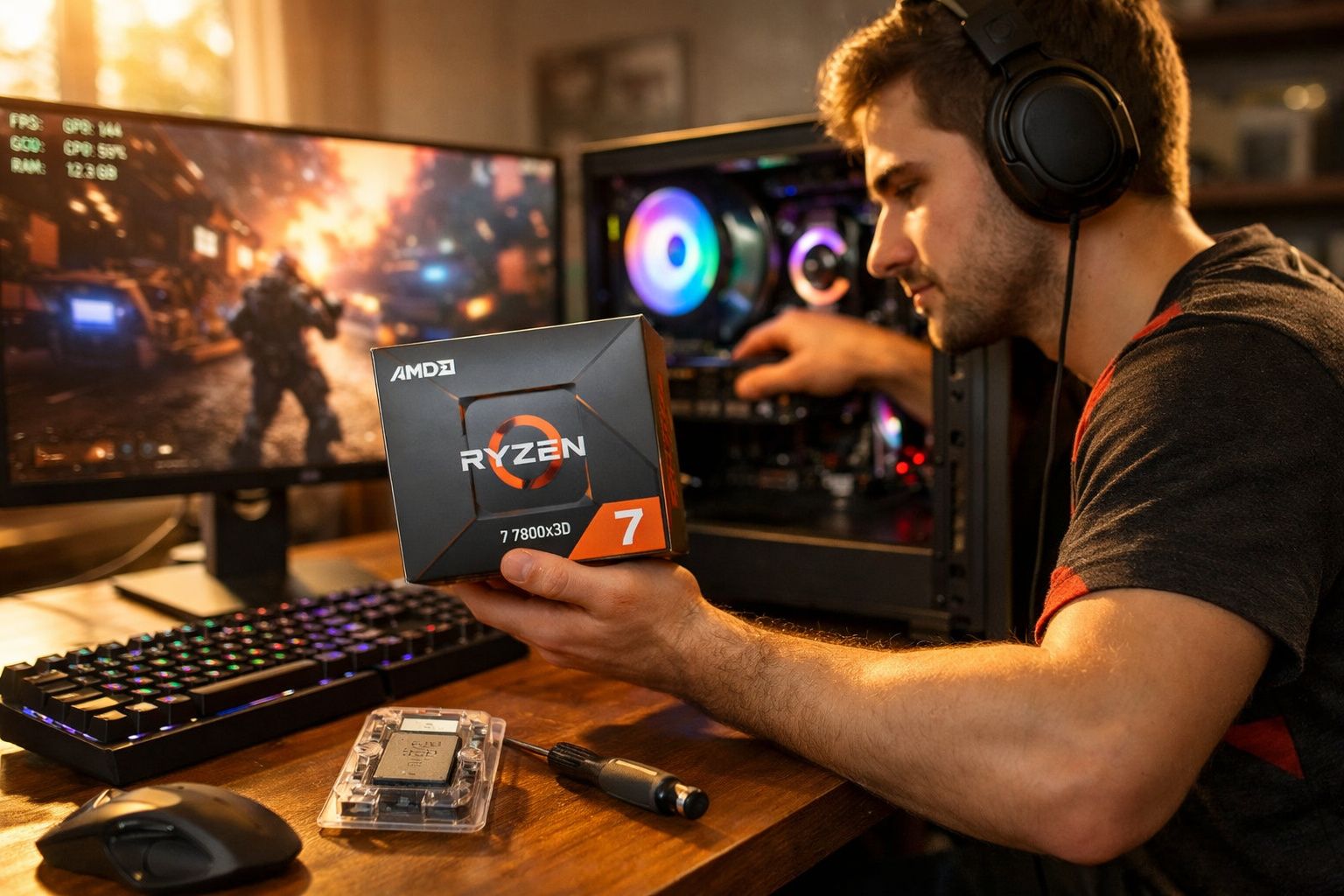 Homem segurando processador AMD Ryzen 7 7800X3D perto de computador e monitor com jogo em execução.