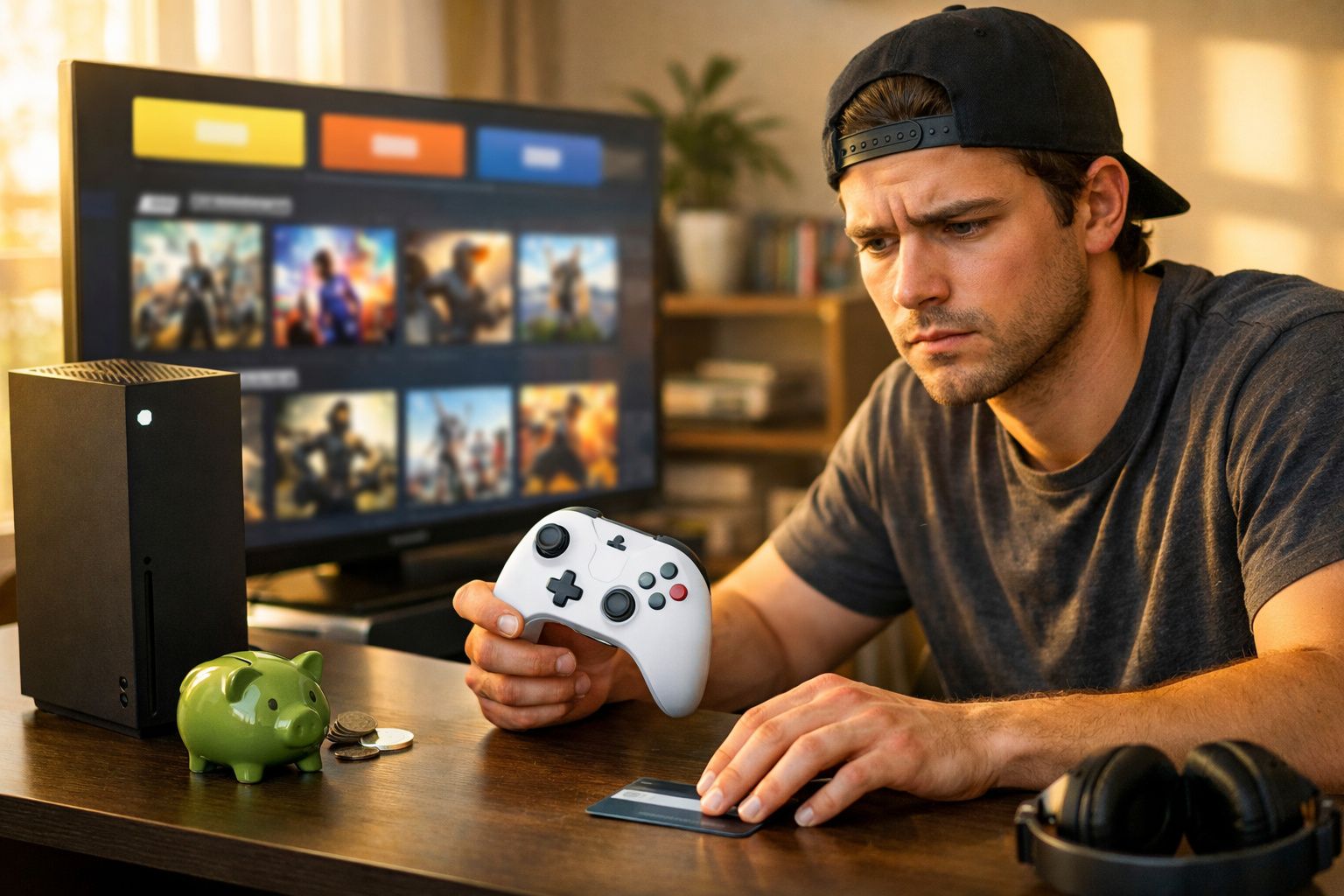 Jovem segurando controle de videogame e cartão de crédito, diante de TV com jogos e cofrinho na mesa.