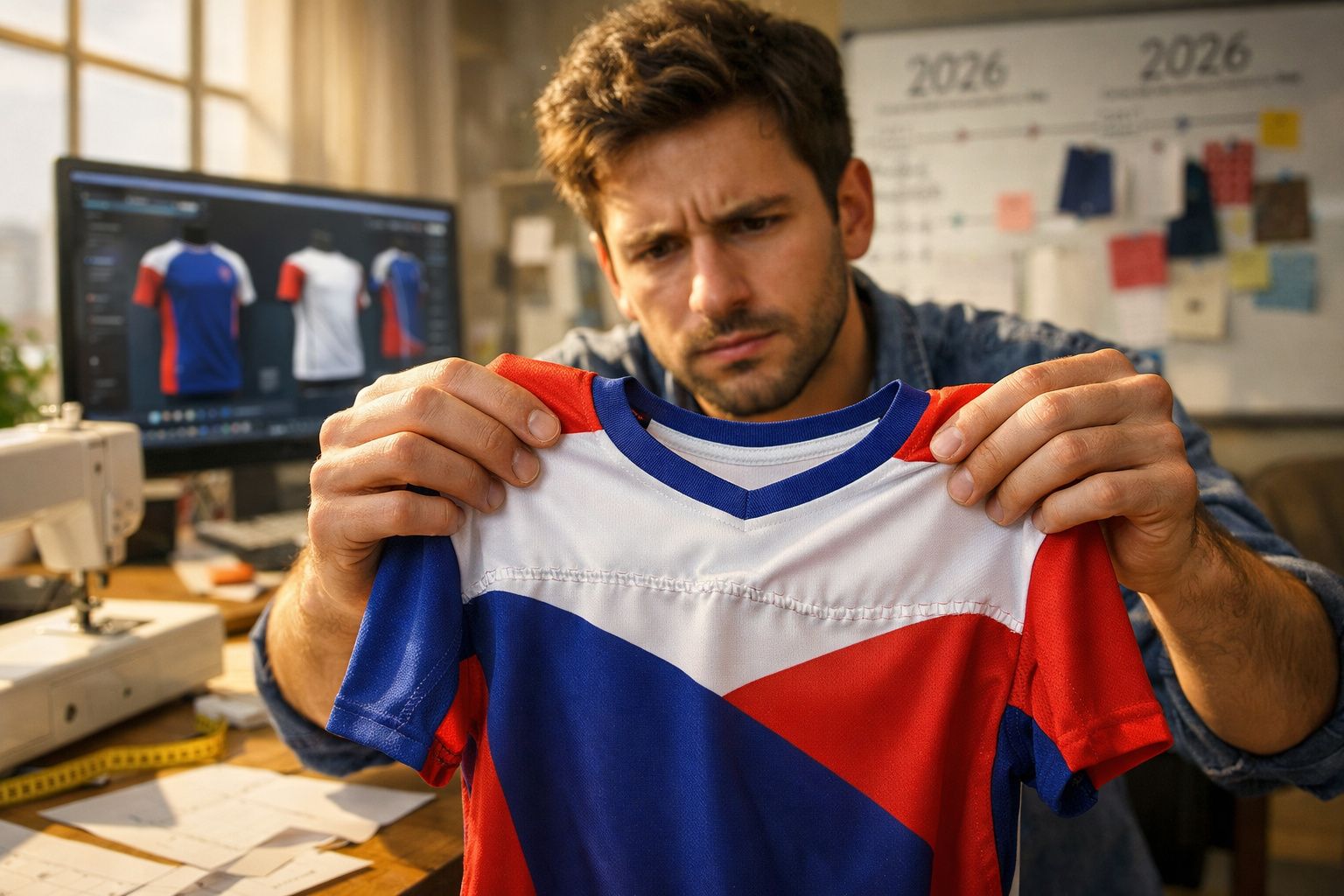 Homem avaliando camiseta com design azul, vermelho e branco em ateliê de costura com computador ao fundo.