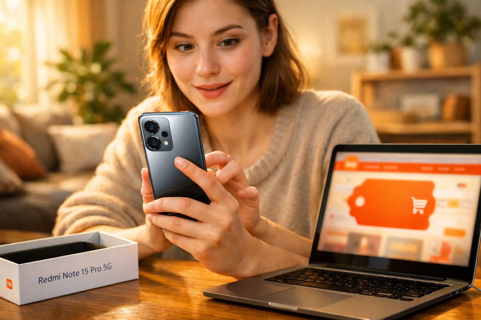 Mulher segurando smartphone Redmi Note 15 Pro 5G com laptop aberto e caixa do celular na mesa.