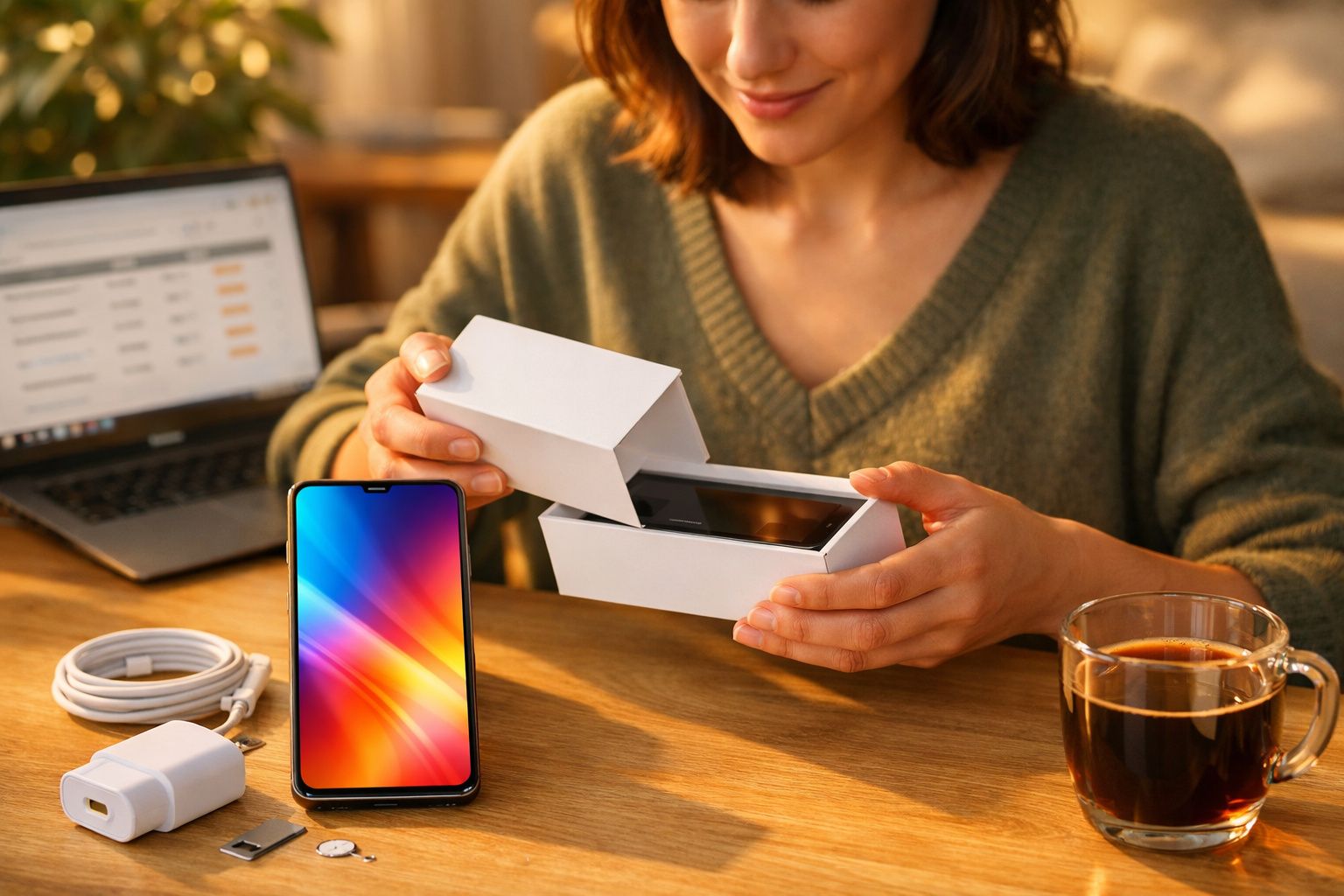 Mulher desembrulhando celular novo na mesa com carregador, cabo, laptop e xícara de café.