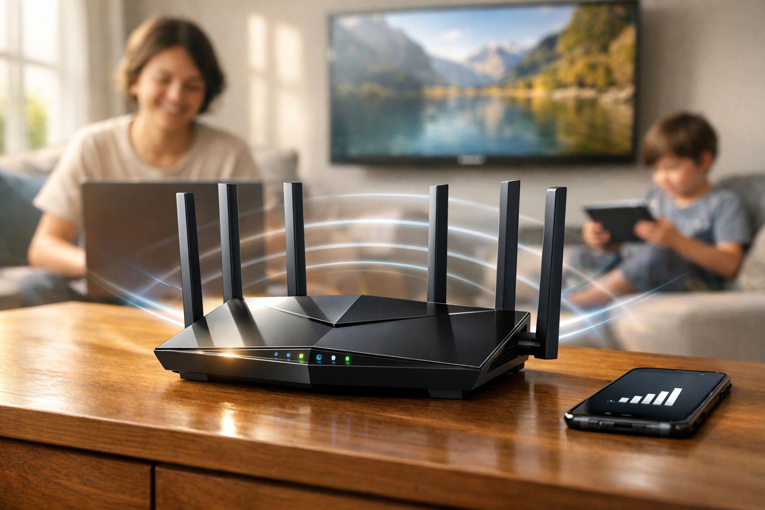 Roteador Wi-Fi preto com seis antenas em mesa de madeira, com smartphone e pessoas desfocadas ao fundo.