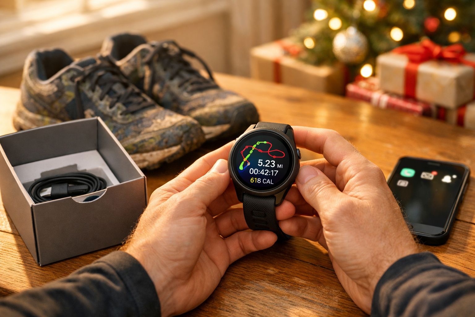 Pessoa segurando relógio fitness com distância e calorias queimadas, tênis e celular sobre mesa de madeira.