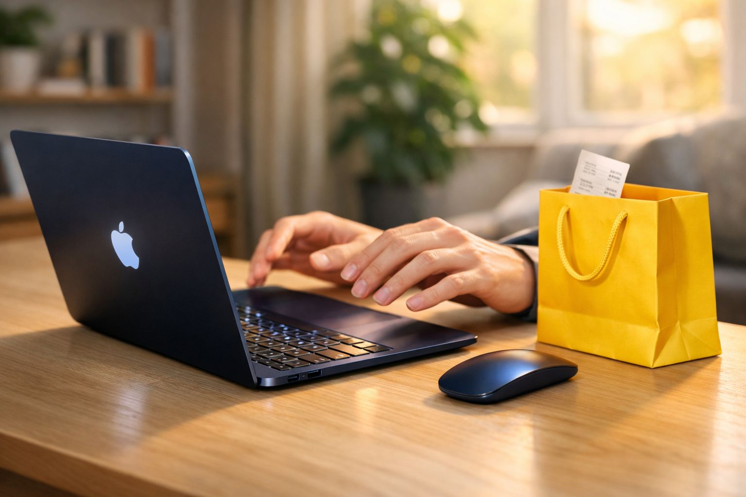Pessoa usando laptop preto em mesa de madeira ao lado de sacola de compras amarela com recibo.