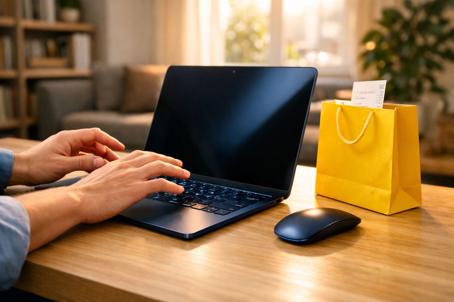 Pessoa digitando em laptop preto sobre mesa de madeira com sacola amarela e mouse ao lado.