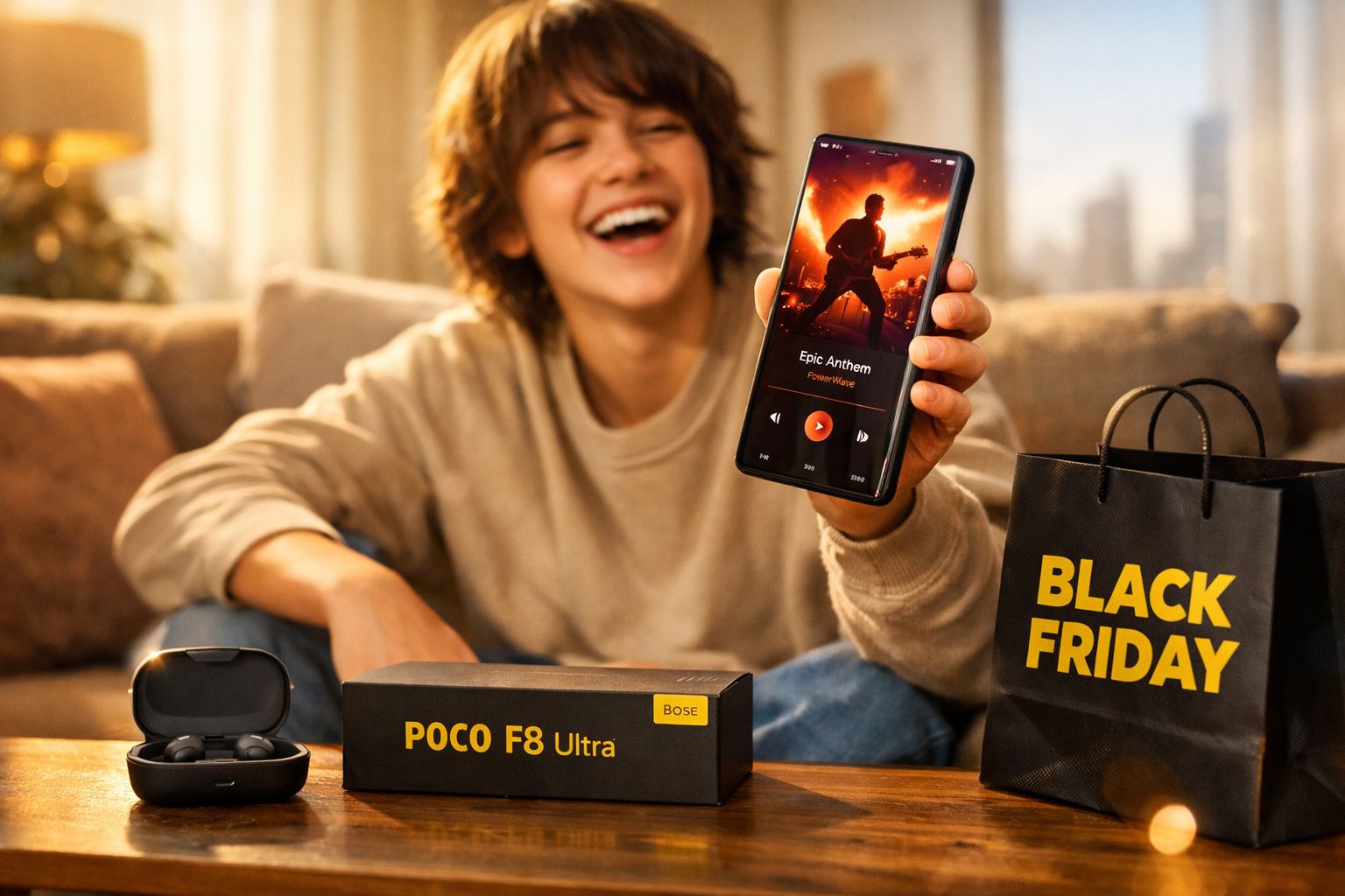Jovem sorridente mostrando celular com música, fones e embalagem POCO F8 Ultra na mesa em promoção Black Friday.