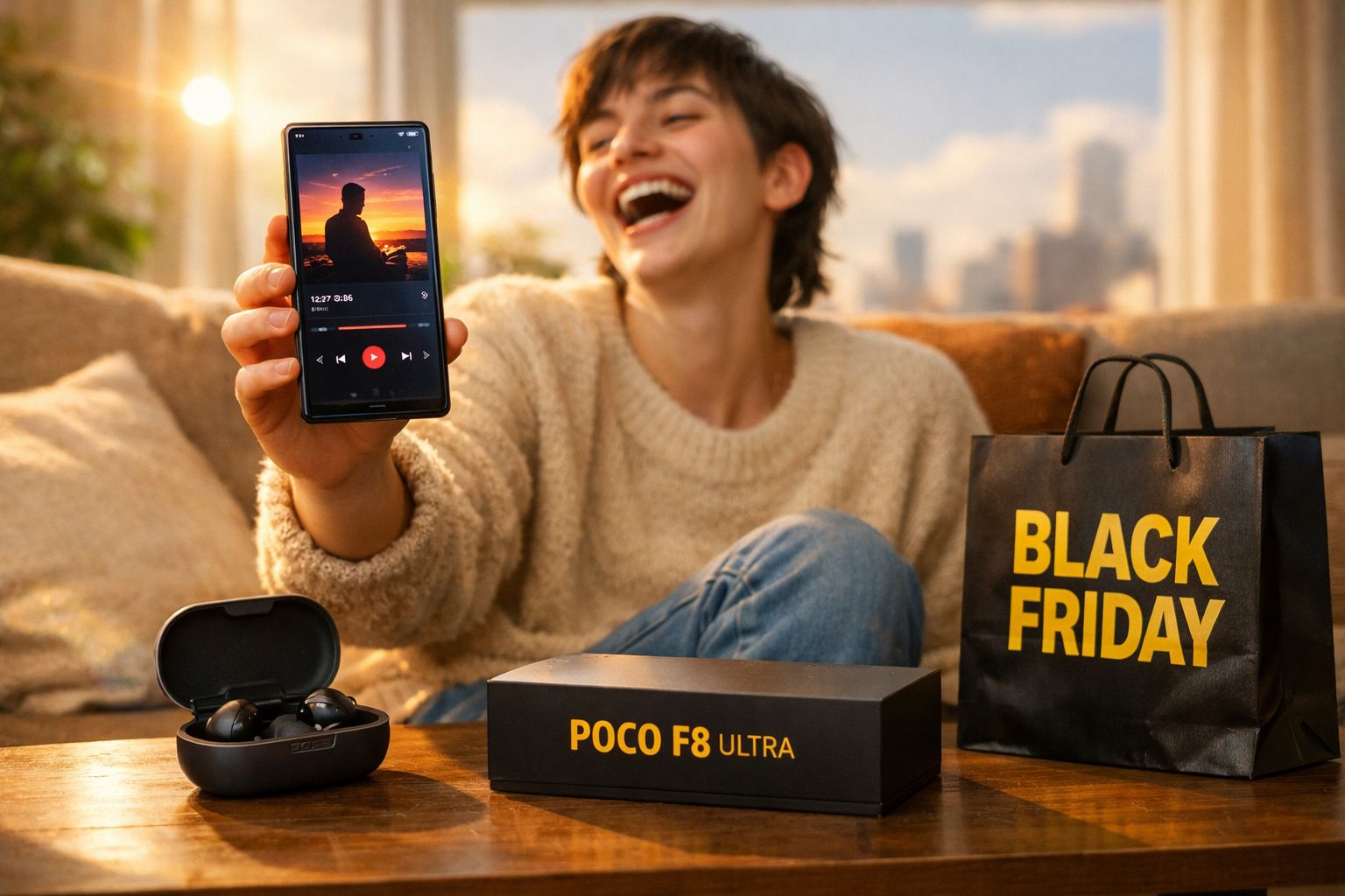 Pessoa sorrindo mostra celular com música, fone sem fio, caixa do Poco F8 Ultra e sacola Black Friday.