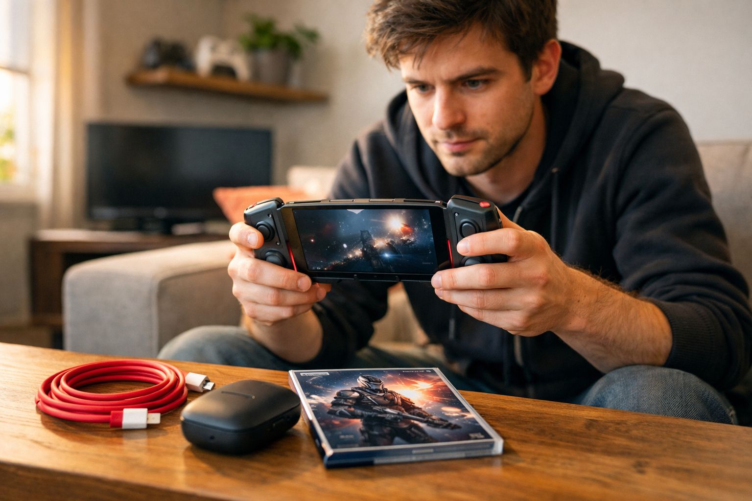 Homem concentrado jogando videogame portátil em sala com controle, jogo de tiro e acessórios na mesa.