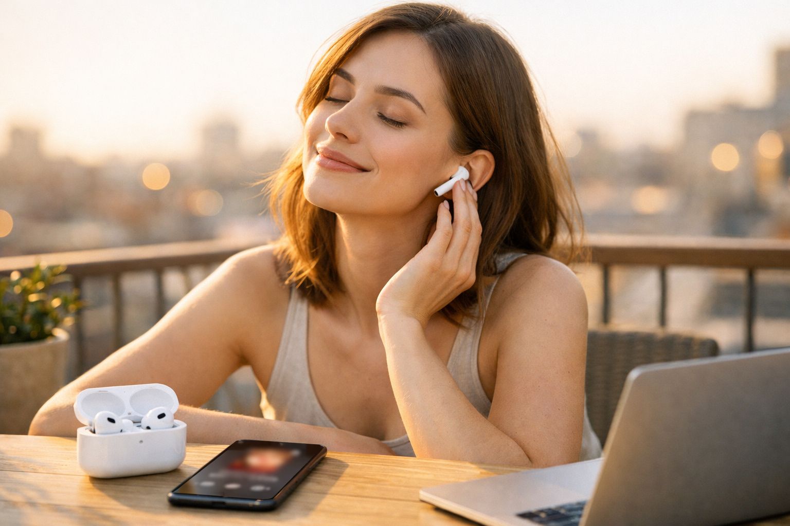Mulher sorridente usando fone de ouvido sem fio, sentada em mesa com smartphone e laptop ao ar livre.