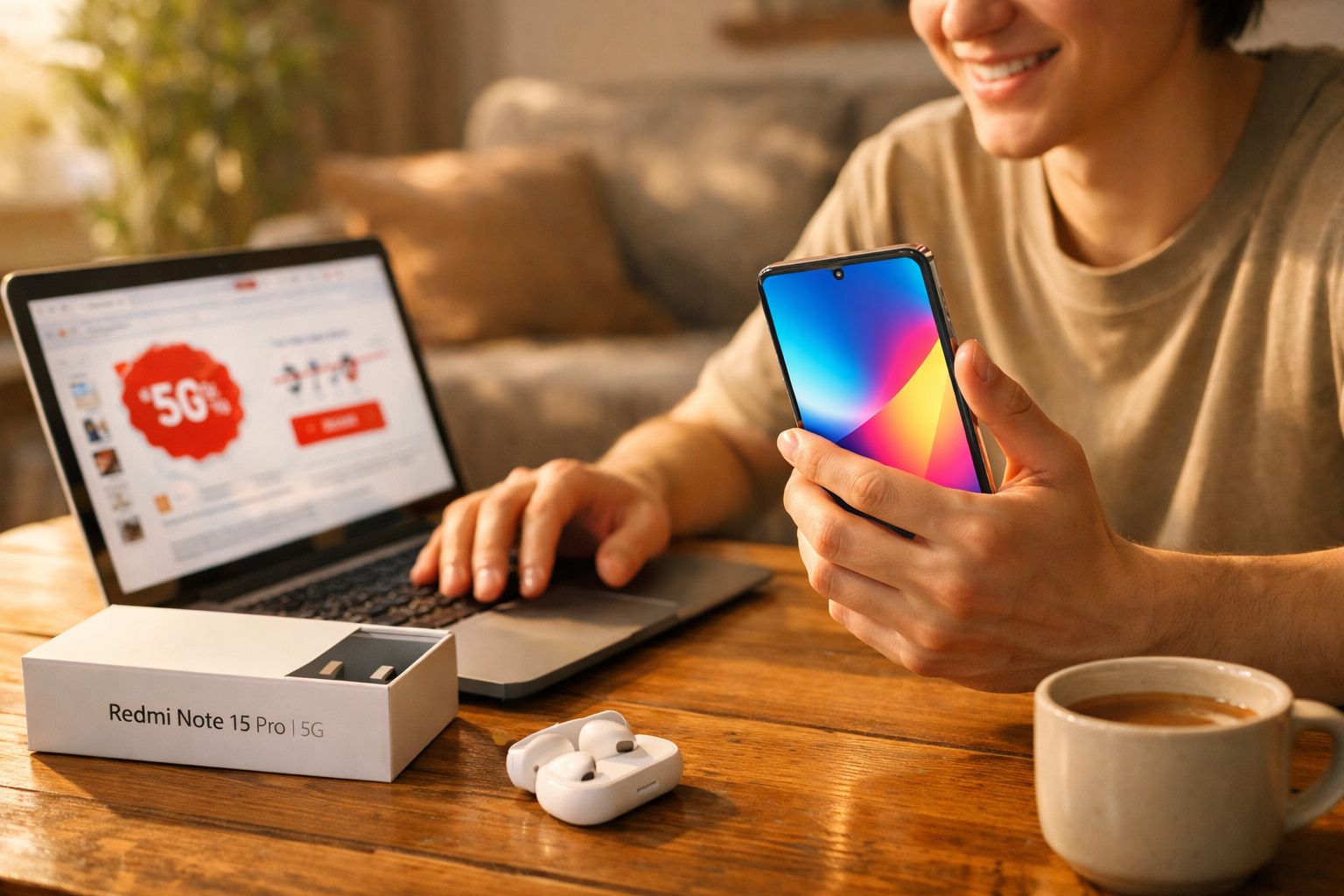 Pessoa segurando smartphone Redmi Note 15 Pro 5G com caixa, laptop e fones sobre mesa de madeira.