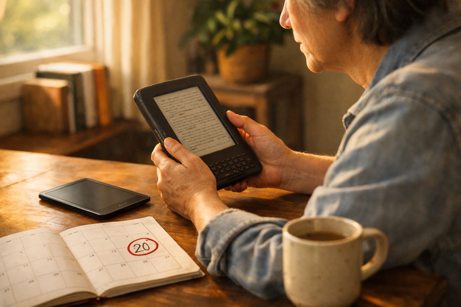 Pessoa lendo livro digital em um tablete com calendário e xícara de café sobre a mesa de madeira