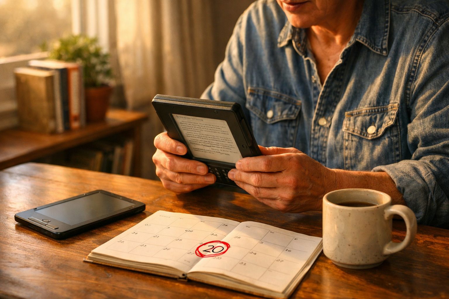 Pessoa lendo em um leitor digital com uma caneca de café, agenda aberta e outro dispositivo na mesa.