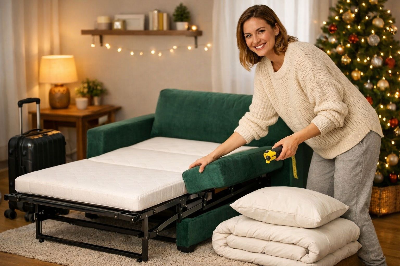 Mulher sorridente monta sofá-cama verde em sala decorada com árvore de Natal e malas.