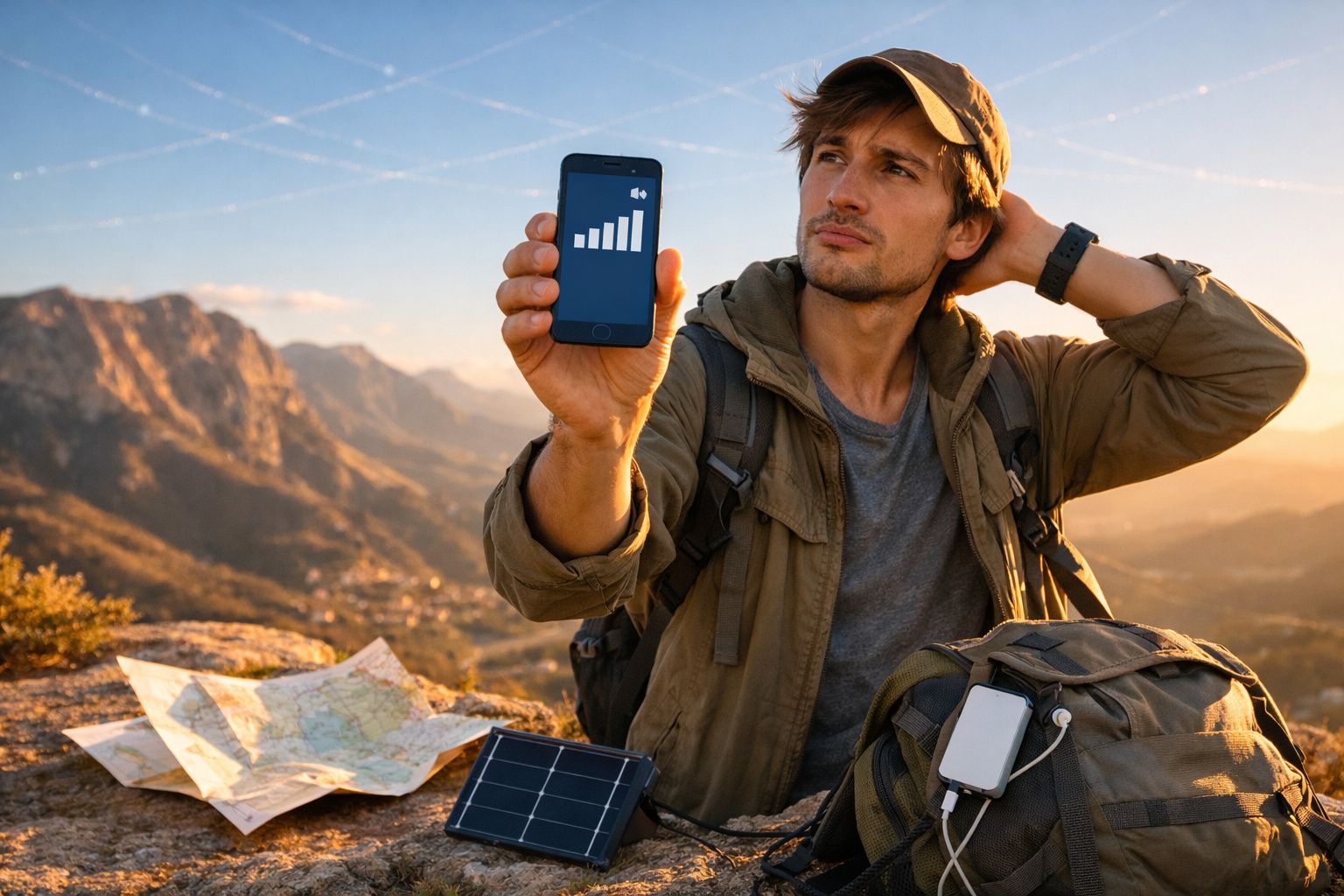 Homem em trilha mostra celular com sinal de rede cheio ao lado de mapa, mochila e carregador solar em montanha ao pôr do sol.