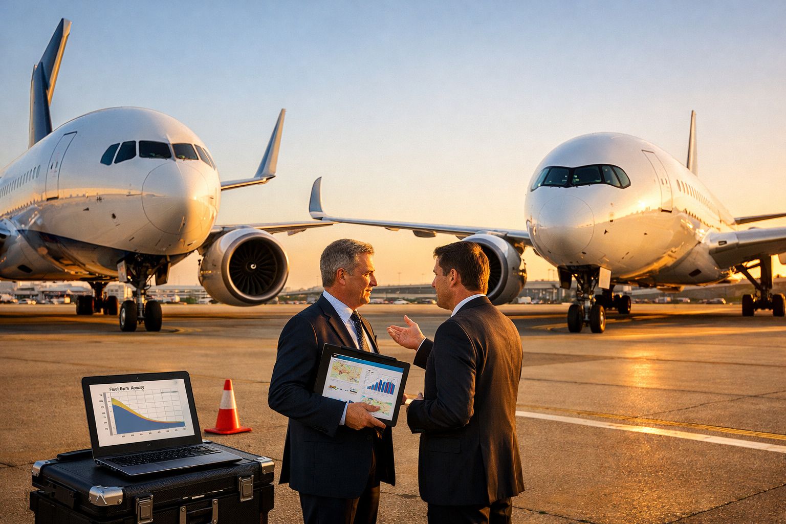 Dois homens em trajes formais conversam na pista de aeroporto com dois aviões ao fundo e gráficos em tablet e laptop.