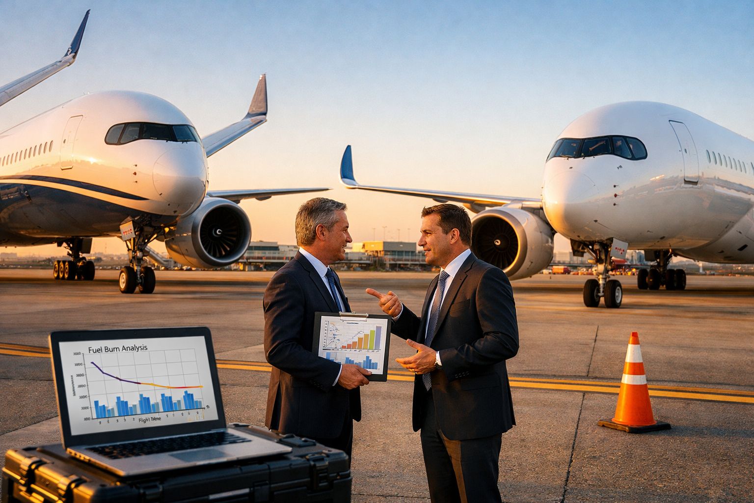 Dois homens em terno conversando ao lado de dois aviões em pista com gráficos de análise de consumo de combustível.