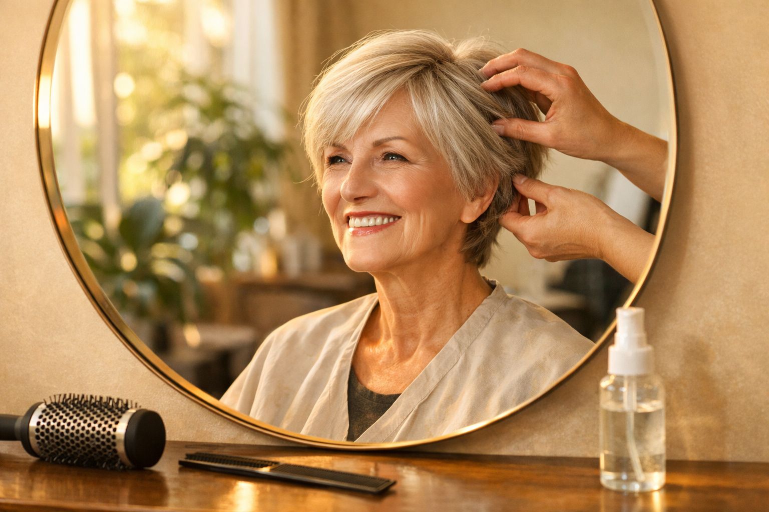 Mulher madura sorrindo enquanto profissional arruma seu cabelo em salão de beleza, vista pelo espelho.