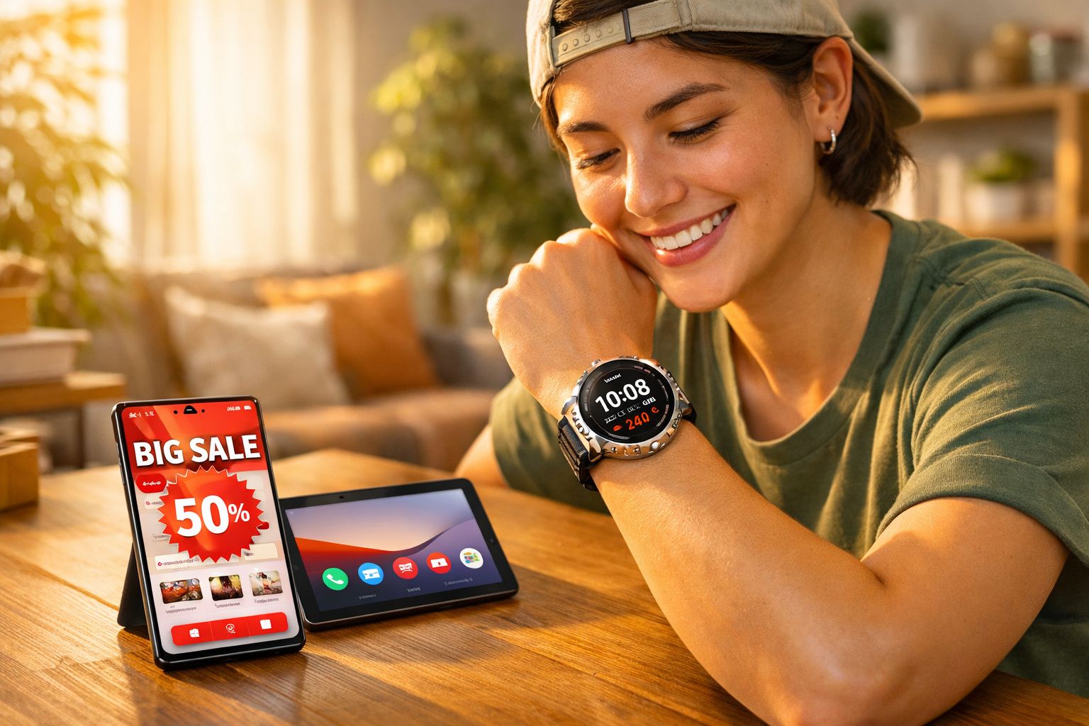 Jovem sorridente olhando para smartwatch enquanto dispositivos digitais exibem promoção de 50% de desconto.