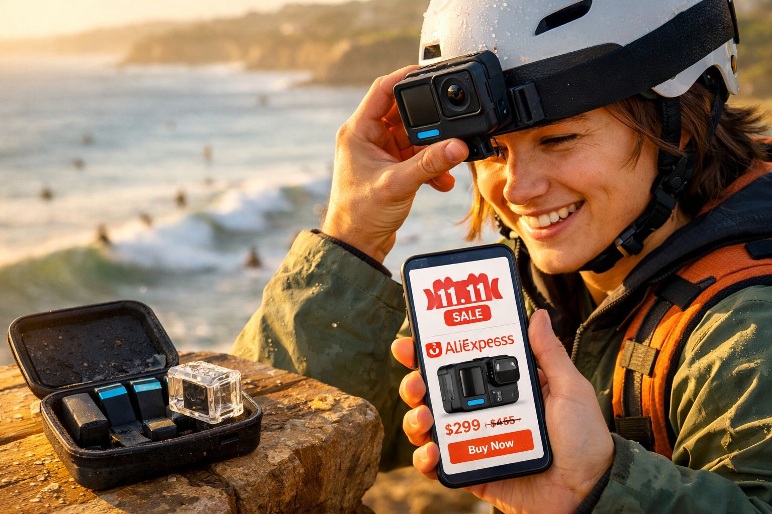 Pessoa com capacete ajusta câmera GoPro na cabeça enquanto segura celular mostrando oferta de venda na AliExpress.